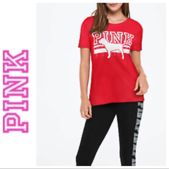 VICTORIAS SECRET PINK RARE BLING RED DOG TEE SHIRT SMALL - Picture 1 of 11